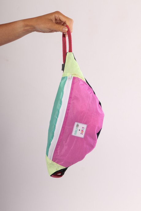 Sac banane Za Fly x Girls Up Toile de Parapente et Jean's Rose, Turquoise et Jaune