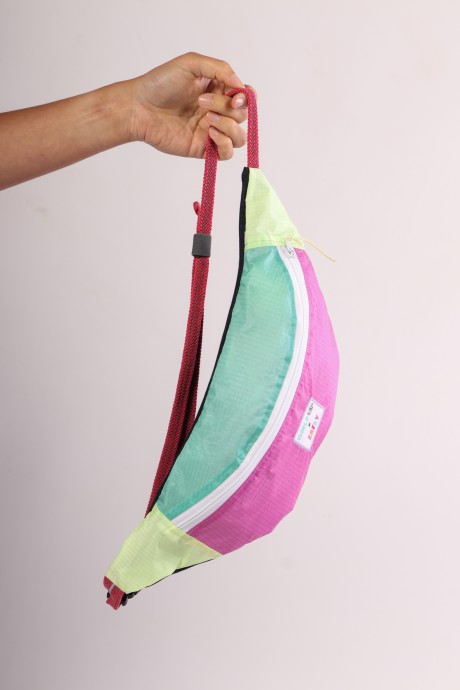 Sac banane Za Fly x Girls Up Toile de Parapente et Jean's Rose, Turquoise et Jaune