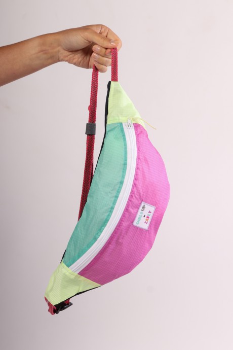 Sac banane Za Fly x Girls Up Toile de Parapente et Jean's Rose, Turquoise et Jaune