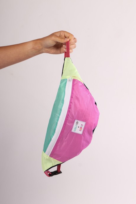 Sac banane Za Fly x Girls Up Toile de Parapente et Jean's Rose, Turquoise et Jaune