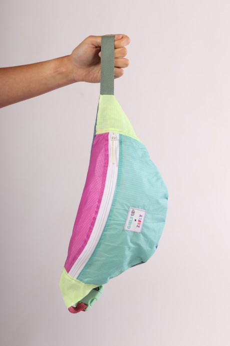 Sac banane Za Fly x Girls Up Toile de Parapente et Jean's, Turquoise, Rose et Jaune
