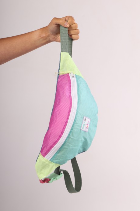 Sac banane Za Fly x Girls Up Toile de Parapente et Jean's, Turquoise, Rose et Jaune